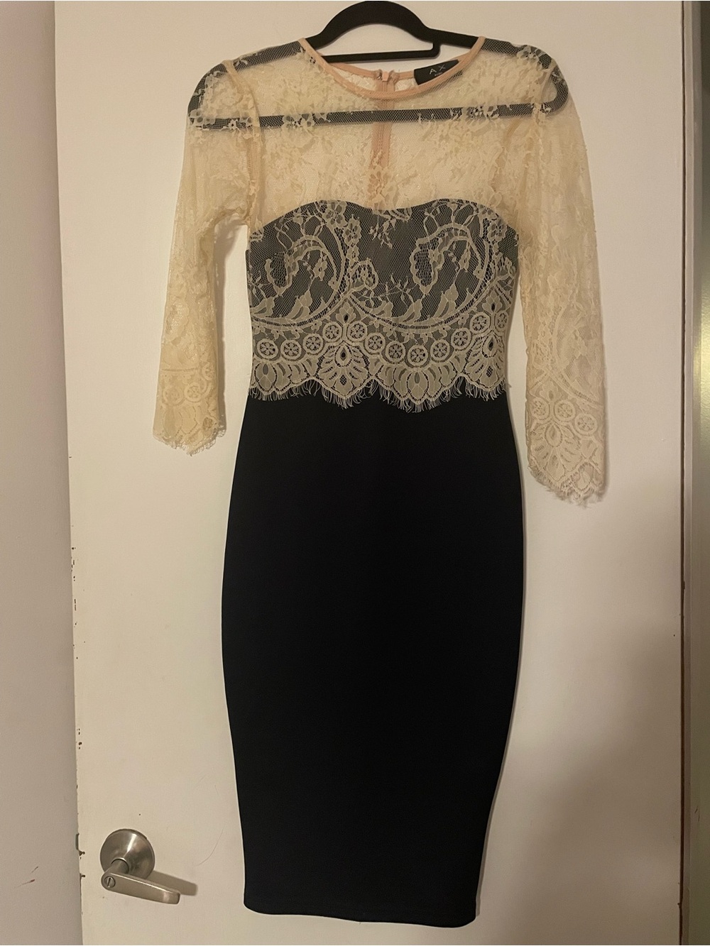 AX Paris Midnight Navy Cream Lace Bodycon Midi Dress Sheer Long Sleeve